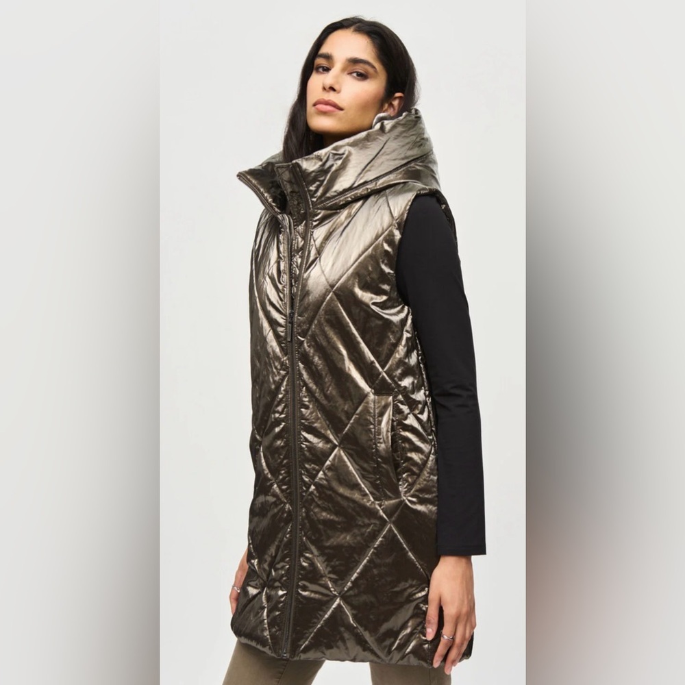 Joseph Ribkoff Quilted Hooded Puffer Vest- Metallic Long - Bronze. Size M